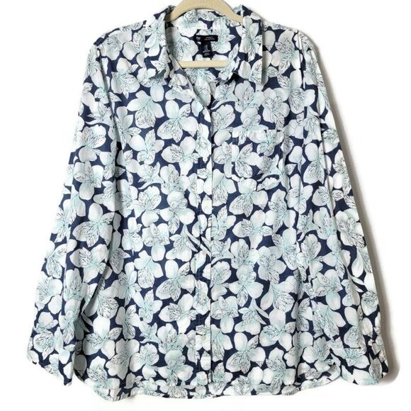 Gap Womens Blue Floral Hawaiian Boyfriend Fit Long Sleeve Button Up Shirt XL - Picture 1 of 9